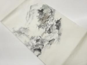 作家物　塩瀬手描き遠山に家屋風景・人物模様名古屋帯